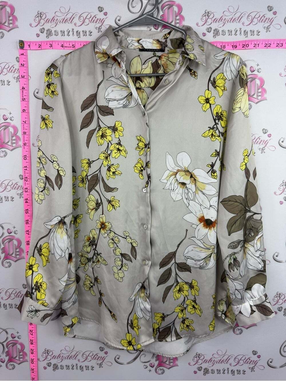 T Tahari Beige Floral Button-Down Shirt with Yellow Accents